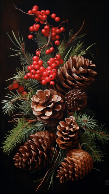 a painting of pine cones and berries on a table