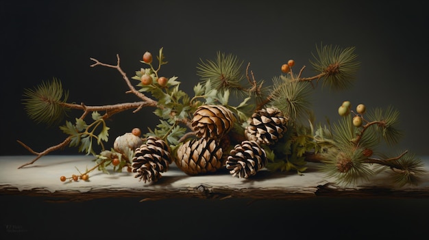 a painting of pine cones and branches on a table