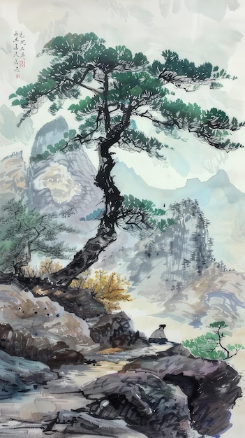 Photo a painting of a pine tree with a bird on it