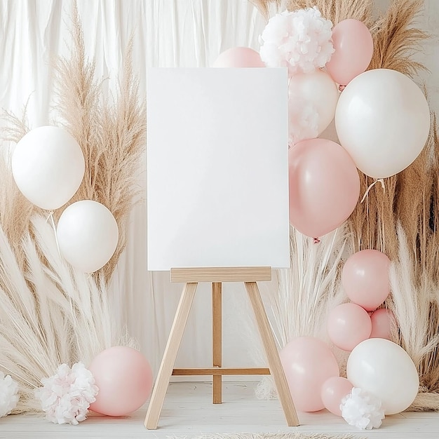 Photo a painting of pink balloons and a white canvas on a stand