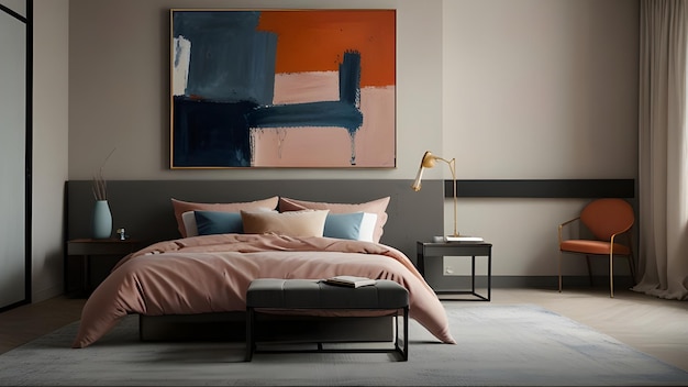 a painting of a pink bed with a pink comforter on the wall and a lamp on the table