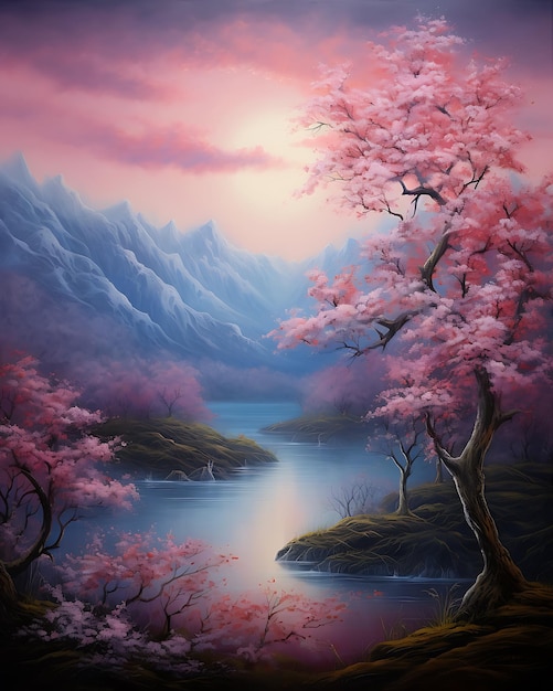 Painting of Pink Blossoms on a Hill