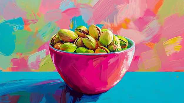 Painting of Pink Bowl Filled With Nuts Vibrant Still Life Artwork