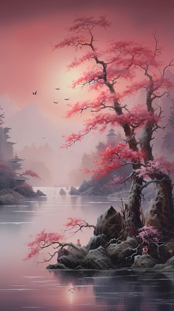 a painting of a pink cherry blossom tree with a waterfall in the background