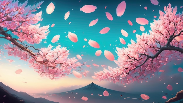 a painting of pink cherry blossoms and a mountain in the background