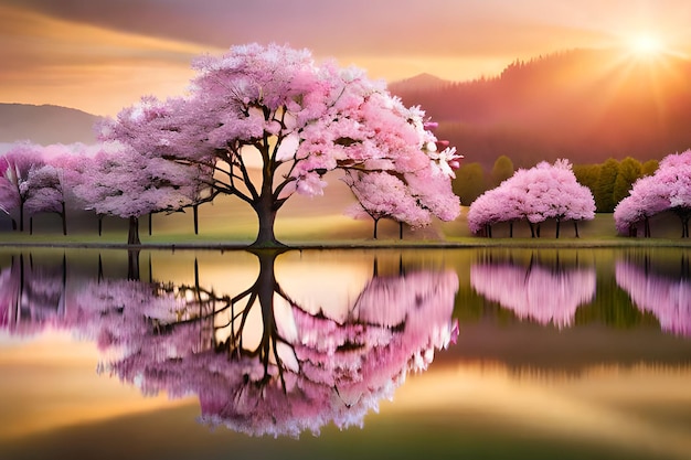 A painting of a pink cherry tree with the reflection of the sky and the sun shining on it.