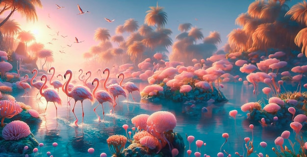 a painting of pink flamingos and corals with a pink one