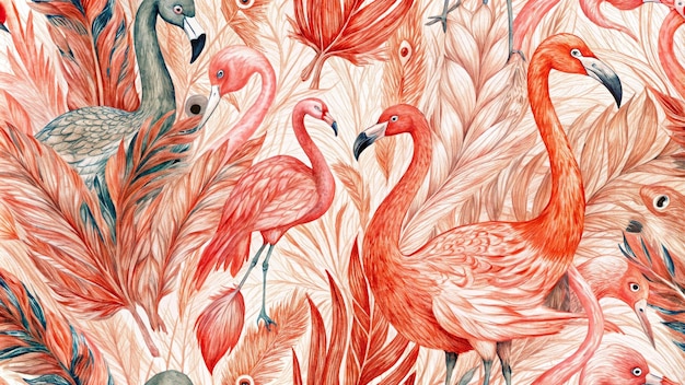 a painting of pink flamingos with a green background