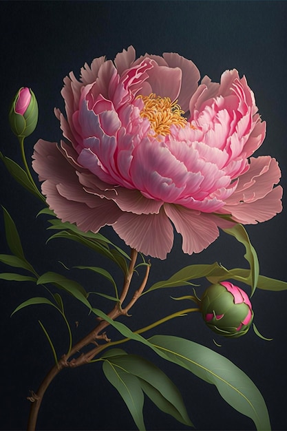 Painting of a pink flower with green leaves generative ai