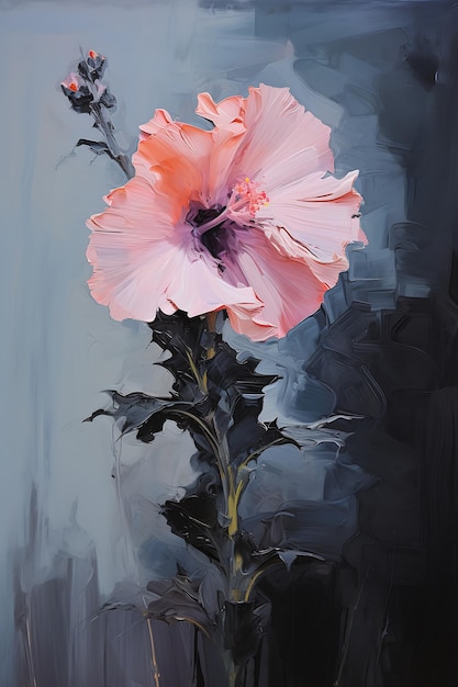 A painting of a pink flower with the word " hibiscus " on the bottom.