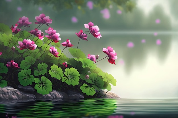 A painting of pink flowers and green leaves generative AI