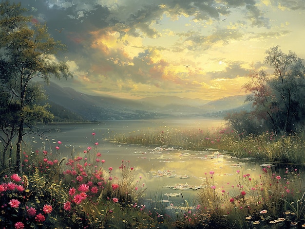 a painting of pink flowers and a lake with mountains in the background