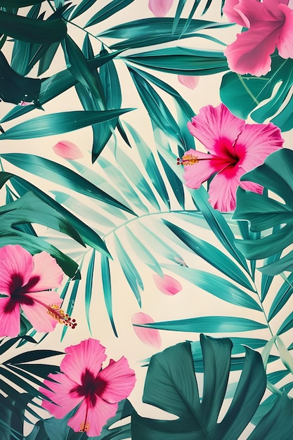 a painting of pink flowers and leaves with a green background