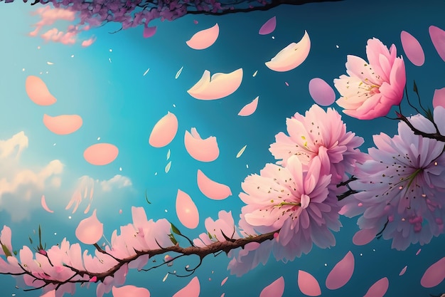 a painting of pink flowers and the sky