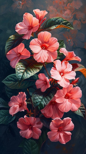 a painting of pink flowers with green leaves and red leaves