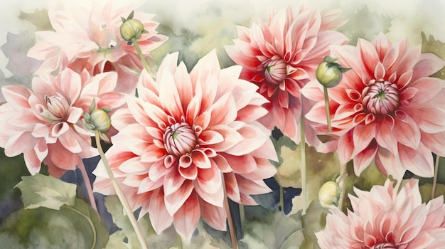 A painting of pink flowers with green leaves and the word dahlia on the bottom.