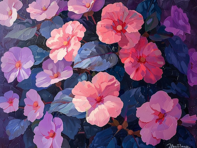 a painting of pink flowers with purple leaves