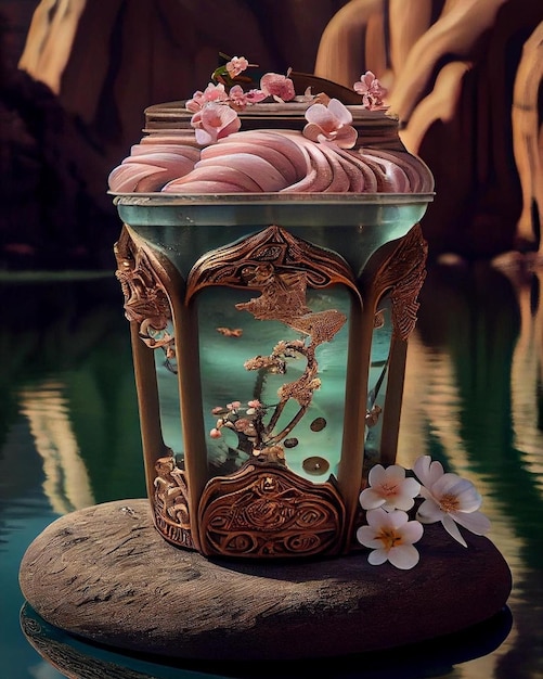 A painting of a pink ice cream with a flower on it