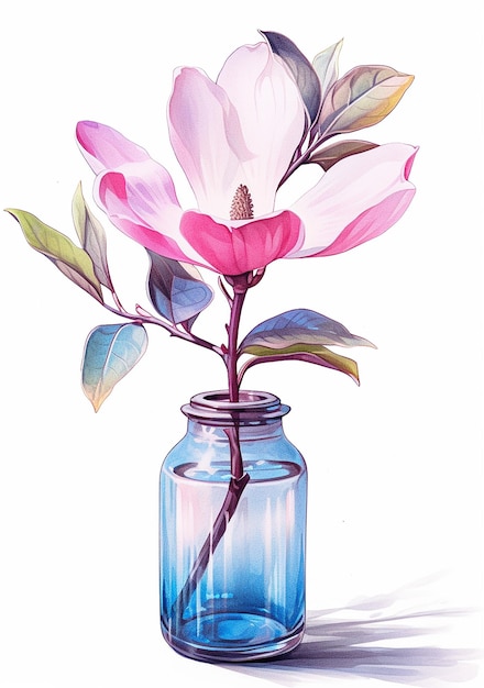 A painting of a pink magnolia in a blue jar.