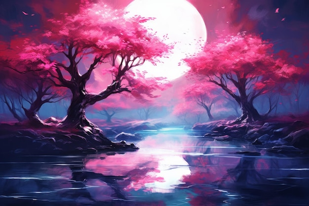 A painting of a pink moon and a river with a pink tree in the foreground.