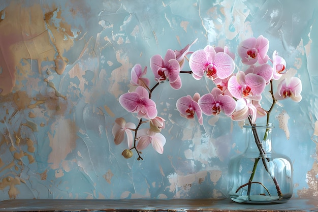 a painting of pink orchids in a clear vase with water and a blue background