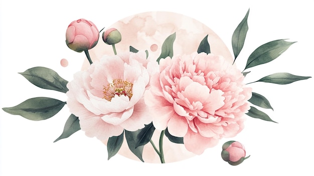 Photo a painting of pink peonies with a green leaves