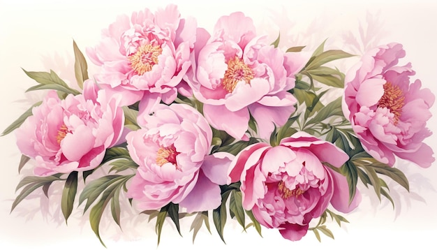 a painting of pink peonies with green leaves