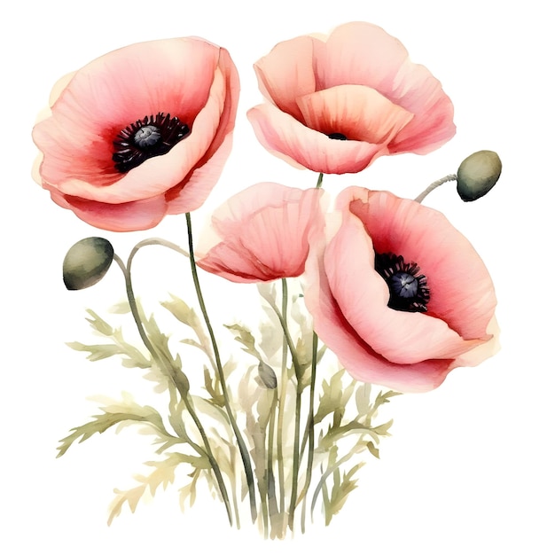 Photo a painting of pink poppies with green leaves and blackberries