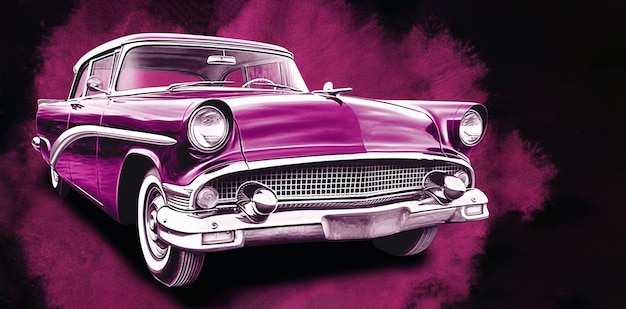 Painting of a pink retro car on a black background copy space Generated AI