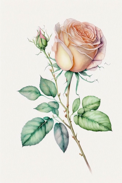 Painting of a pink rose with green leaves generative ai