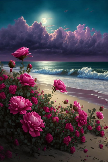 Painting of pink roses on a beach by the ocean generative ai