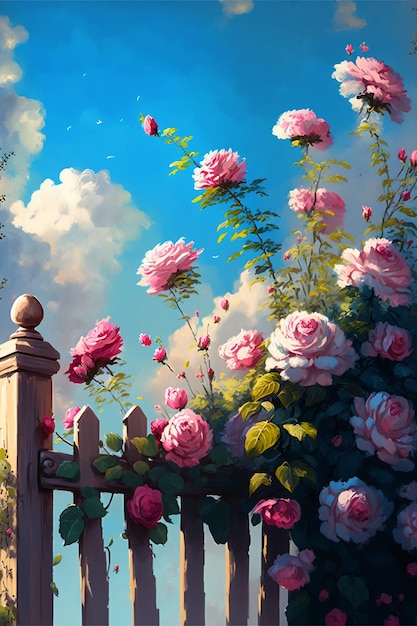 Painting of pink roses growing on a fence generative ai