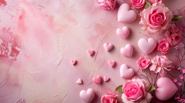 Painting of Pink Roses and Hearts on Pink Background