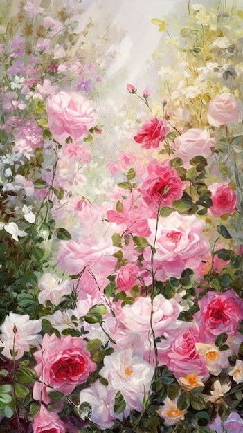 A painting of pink roses with green leaves