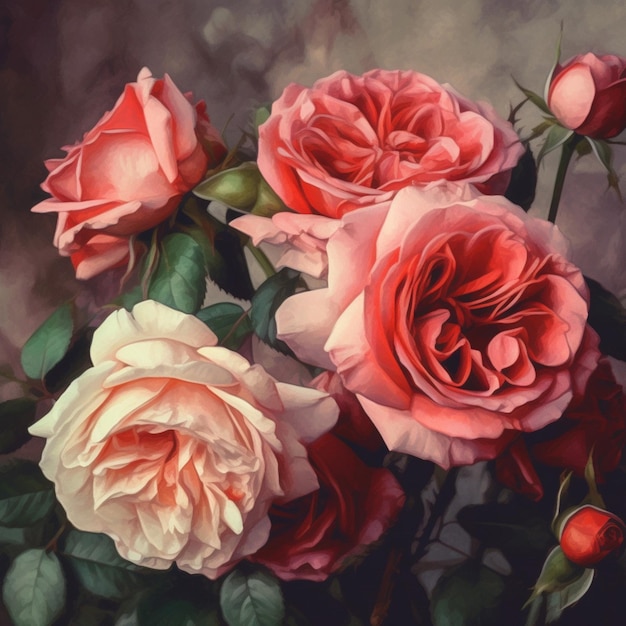 A painting of pink roses with a red berry on the left.