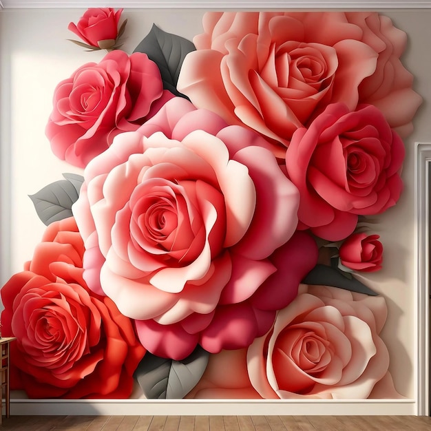 a painting of pink roses with a white frame on the wall