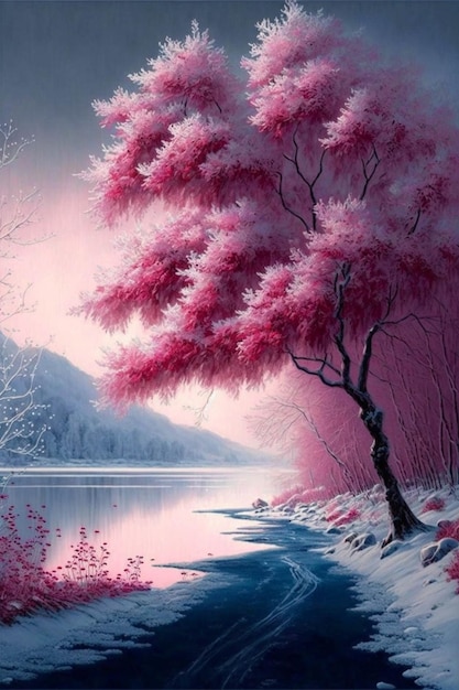 Painting of a pink tree next to a body of water generative ai