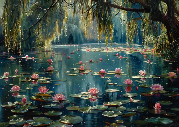 a painting of pink water lilies and a tree branch