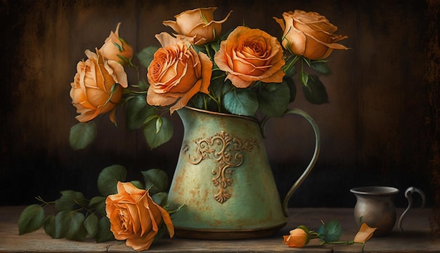 A painting of a pitcher of orange roses.