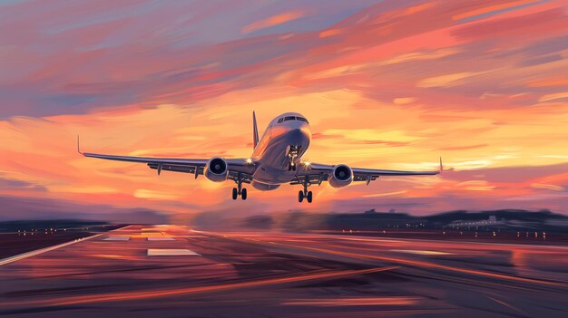 a painting of a plane taking off from a runway