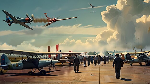 a painting of a plane with a few people in the background