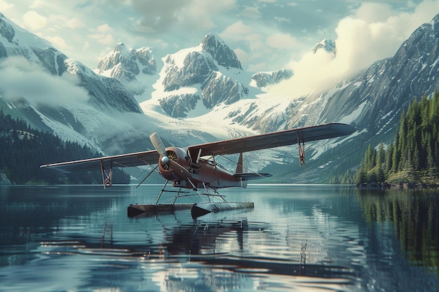 a painting of a plane with mountains in the background