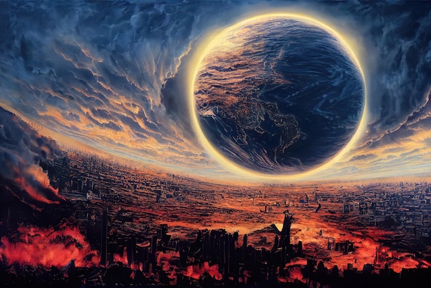 A painting of a planet with a city in the background