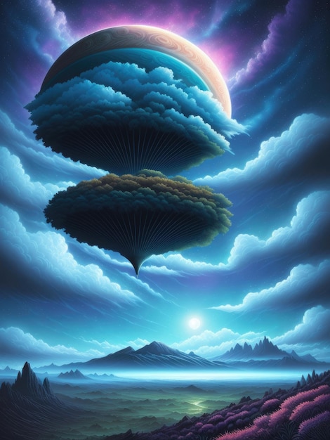 A painting of a planet with clouds and a cloud in the sky.