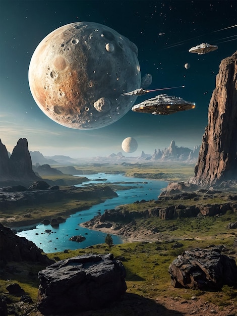 a painting of a planet with planets and a river