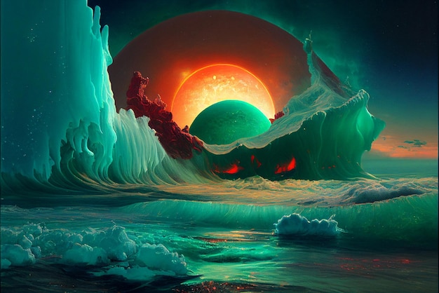 A painting of a planet with red eyes and a green planet in the background.