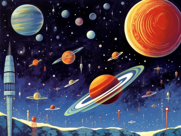 a painting of planets and planets with one being the largest one