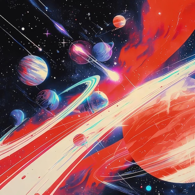 a painting of planets and planets with one being the largest