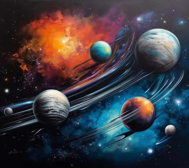 A painting of planets and stars with the universe in the background.