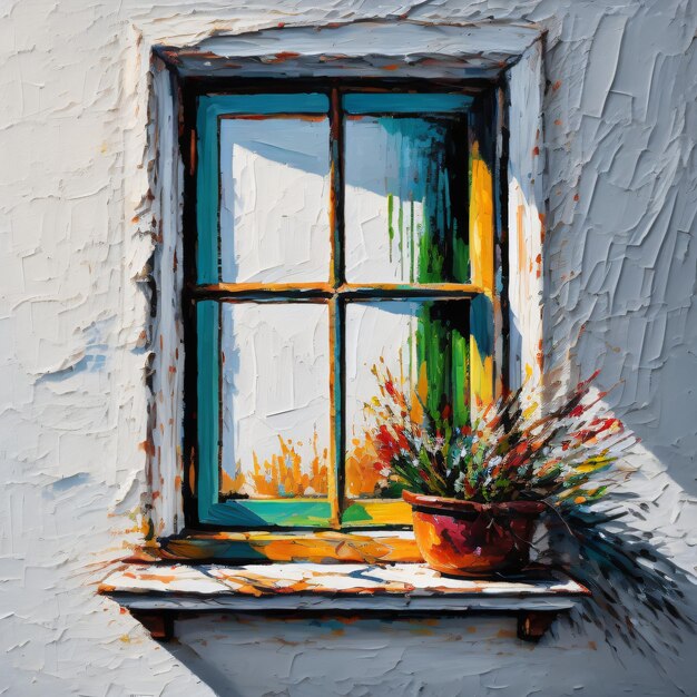 A painting of a plant and a window with a plant in it